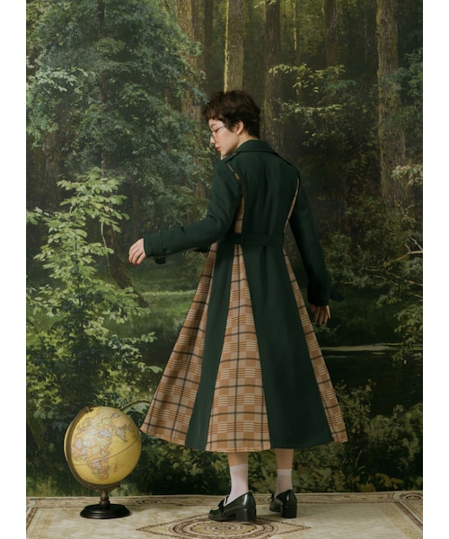 Marjorie（マージョリー）の「遠山，雙排釦格紋拼接風衣外套（ジャケット/アウター・レディース・綠・S/M/L）」の6枚目の写真