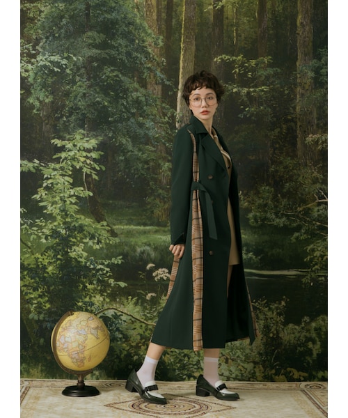 Marjorie（マージョリー）の「遠山，雙排釦格紋拼接風衣外套（ジャケット/アウター・レディース・綠・S/M/L）」の3枚目の写真