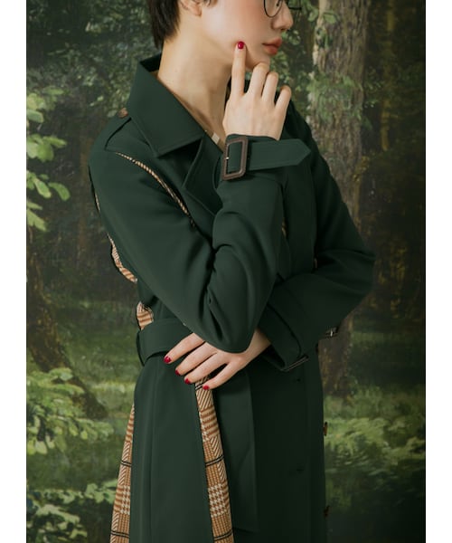 Marjorie（マージョリー）の「遠山，雙排釦格紋拼接風衣外套（ジャケット/アウター・レディース・綠・S/M/L）」の5枚目の写真