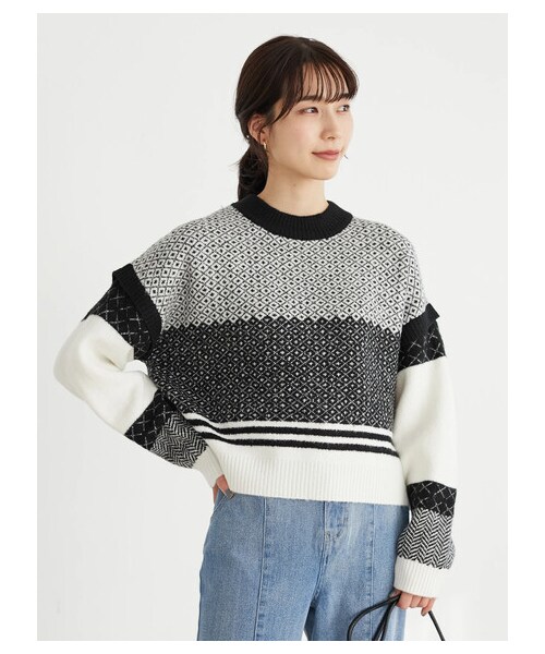 Green Parks(グリーンパークス)の「・novem9 ジャカードハイネックプルオーバー(トップス・ブラック/ベージュ/イエロー/ミント・F)」の6枚目の写真