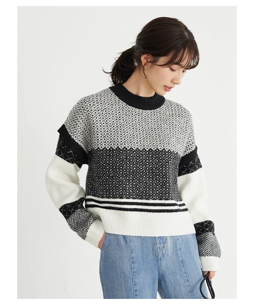 Green Parks(グリーンパークス)の「・novem9 ジャカードハイネックプルオーバー(トップス・ブラック/ベージュ/イエロー/ミント・F)」の1枚目の写真