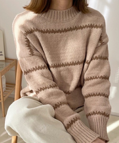 chocomee（チョコミー）の「ラインボーダーニット（ニット/セーター・レディース・ホワイト/ベージュ・FREE）」の2枚目の写真