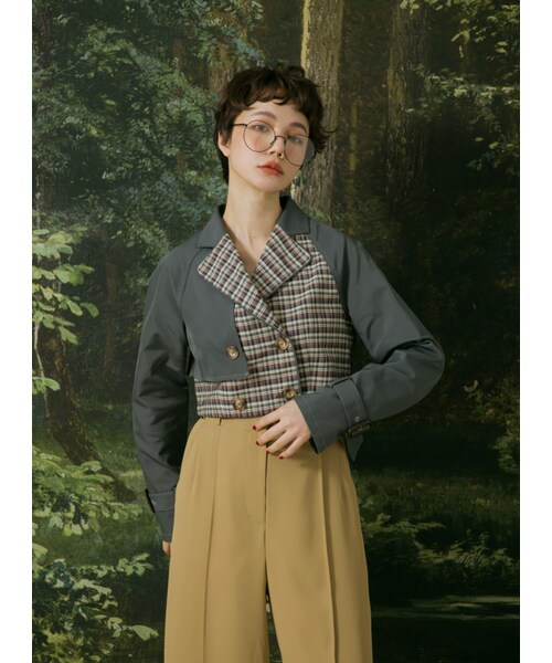 Marjorie（マージョリー）の「步行49日，率性格紋拼色短風衣外套（ジャケット/アウター・レディース・粉/綠・S/M）」の15枚目の写真