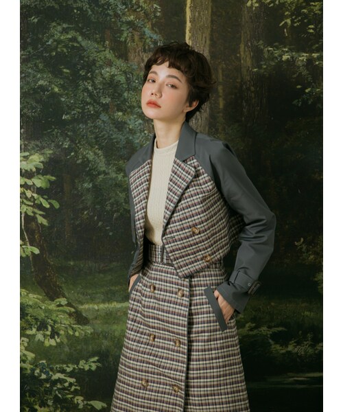 Marjorie（マージョリー）の「步行49日，率性格紋拼色短風衣外套（ジャケット/アウター・レディース・粉/綠・S/M）」の13枚目の写真