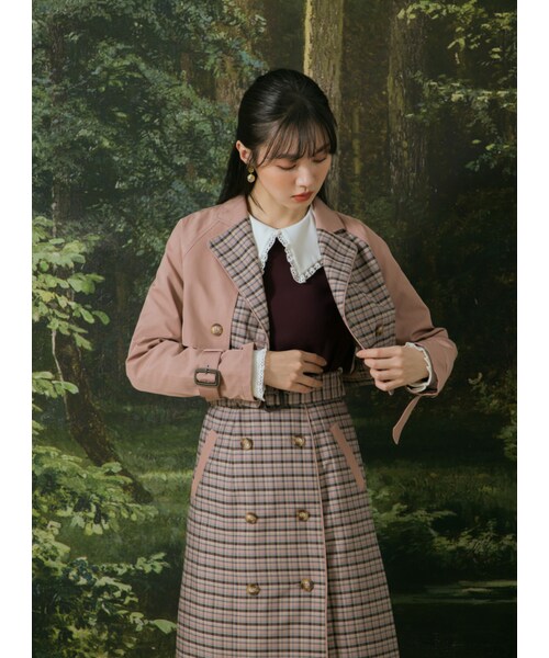 Marjorie（マージョリー）の「步行49日，率性格紋拼色短風衣外套（ジャケット/アウター・レディース・粉/綠・S/M）」の4枚目の写真