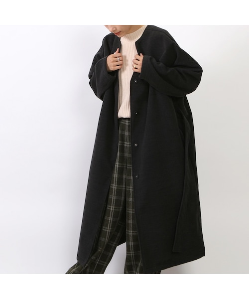Sheson（シーズン）の「ライトメルトンノーカラーロングコート（ノーカラーコート・レディース・グレー/ブラック・F）」の2枚目の写真