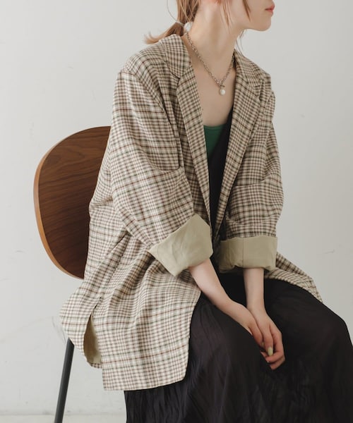 Kastane（カスタネ）の「チェックジャガードジャケット（テーラードジャケット・レディース・グリーン/ベージュ・F）」の2枚目の写真