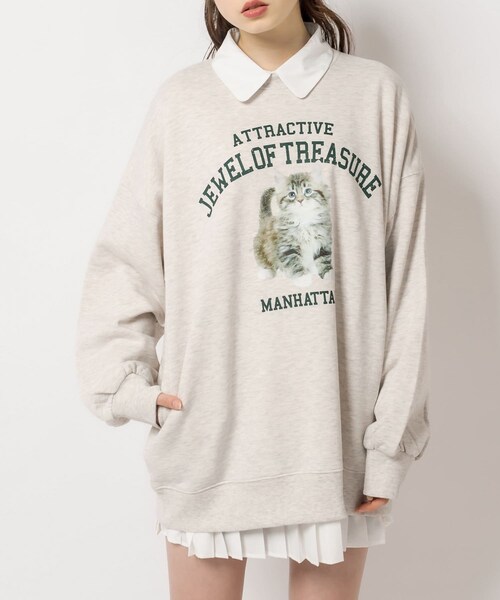 OLIVE des OLIVE(オリーブデオリーブ)の「ルーズなCatスウェット(Tシャツ/カットソー・レディース・ライトグレー/アイボリー/スミクロ・FREE)」の2枚目の写真