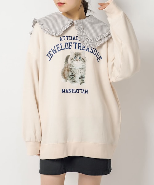 OLIVE des OLIVE(オリーブデオリーブ)の「ルーズなCatスウェット(Tシャツ/カットソー・レディース・ライトグレー/アイボリー/スミクロ・FREE)」の3枚目の写真
