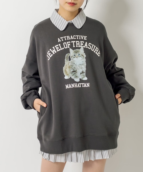 OLIVE des OLIVE(オリーブデオリーブ)の「ルーズなCatスウェット(Tシャツ/カットソー・レディース・ライトグレー/アイボリー/スミクロ・FREE)」の1枚目の写真