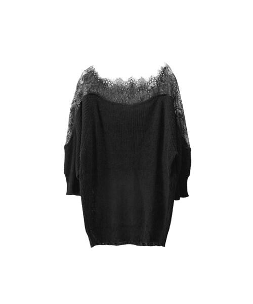 gracegift（グレースギフト）の「蕾絲刺繡勾花透膚露肩針織上衣（トップス・レディース・米白/黑・F）」の3枚目の写真