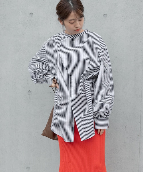 ラート　LAATO 2way バンドカラーシャツ　ストライプ【F】白×グレー LAATO（ラート）の「2WAY BAND COLLAR SHIRTS（）」 - WEAR