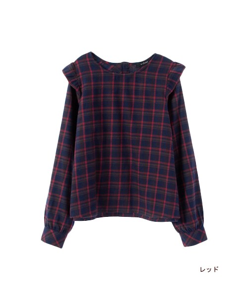 w closet(ダブルクローゼット)の「チェック肩フリル長袖プルオーバー(トップス・レディース・レッド/グリーン/ブルー・FREE)」の2枚目の写真