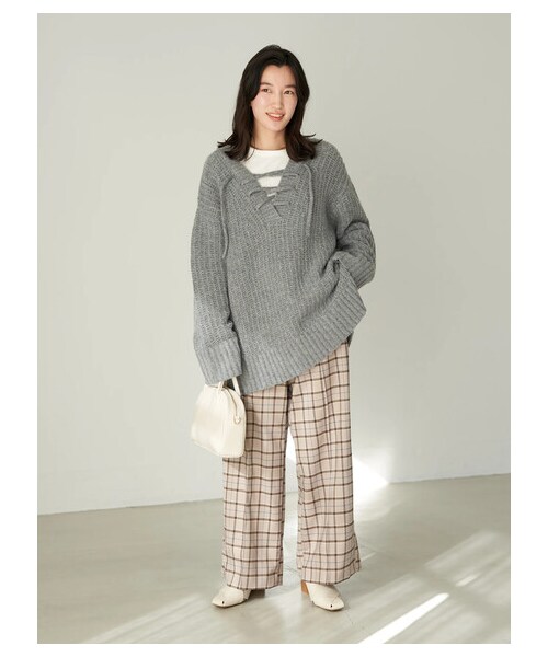 earth music&ecology（アースミュージックアンドエコロジー）の「【予約】チェック柄ワイドパンツ（パンツ・ライトベージュ/ブラウン・S/M）」の5枚目の写真