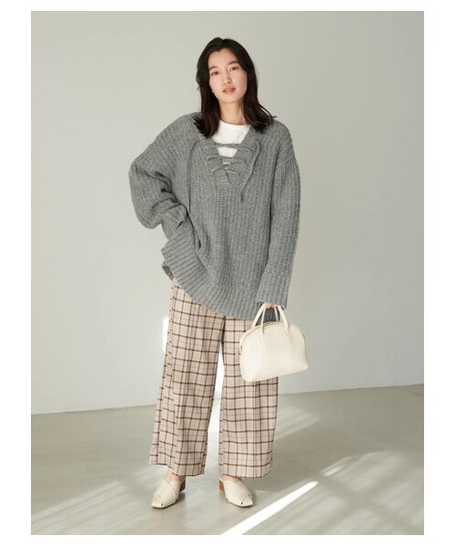 earth music&ecology（アースミュージックアンドエコロジー）の「【予約】チェック柄ワイドパンツ（パンツ・ライトベージュ/ブラウン・S/M）」の4枚目の写真