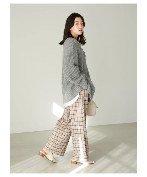 earth music&ecology（アースミュージックアンドエコロジー）の「【予約】チェック柄ワイドパンツ（パンツ・ライトベージュ/ブラウン・S/M）」の6枚目の写真