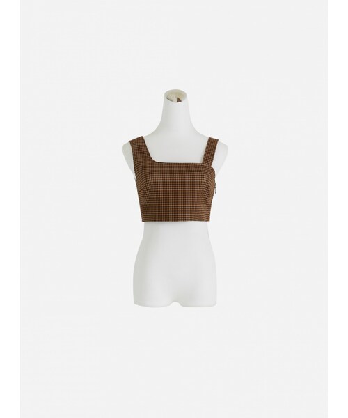 Marjorie（マージョリー）の「昨日豔遇，不對稱肩帶短版格紋背心（トップス・レディース・咖格・S/M）」の7枚目の写真