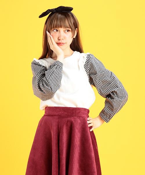 RAY CASSIN（レイカズン）の「【木村ミサちゃん着用】袖チェックトップス（トップス・レディース・ブラック/グレー/オフシロ・FREE）」の3枚目の写真