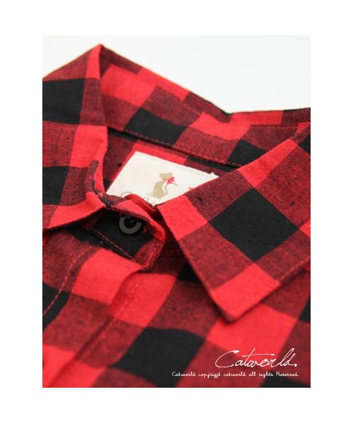 catworld（キャットワールド）の「古著感方格超長版襯衫（その他・レディース・黑白/黑紅・M/L/XL）」の5枚目の写真
