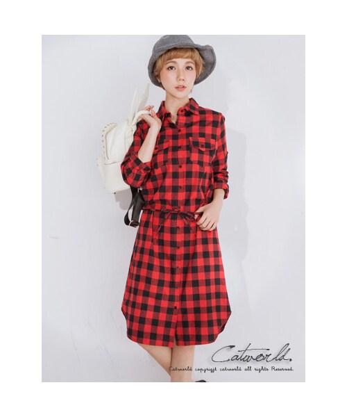 catworld（キャットワールド）の「古著感方格超長版襯衫（その他・レディース・黑白/黑紅・M/L/XL）」の2枚目の写真