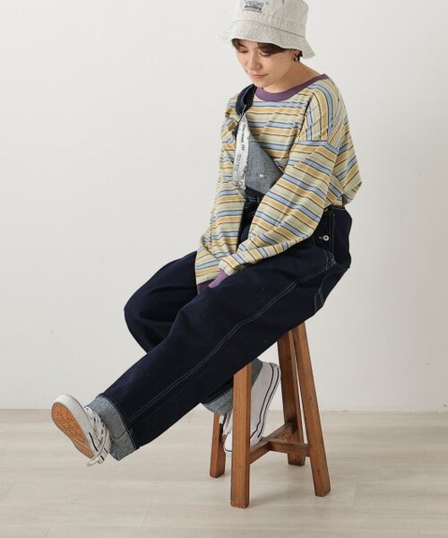 DOUBLE NAME（ダブルネーム）の「配色ステッチオーバーオール（オールインワン・サロペット・レディース・キナリ/ワンウォッシュ/オフ系・FREE）」の8枚目の写真