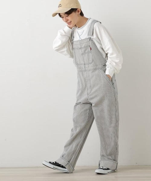 DOUBLE NAME（ダブルネーム）の「配色ステッチオーバーオール（オールインワン・サロペット・レディース・キナリ/ワンウォッシュ/オフ系・FREE）」の3枚目の写真