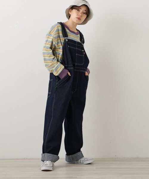 DOUBLE NAME（ダブルネーム）の「配色ステッチオーバーオール（オールインワン・サロペット・レディース・キナリ/ワンウォッシュ/オフ系・FREE）」の6枚目の写真