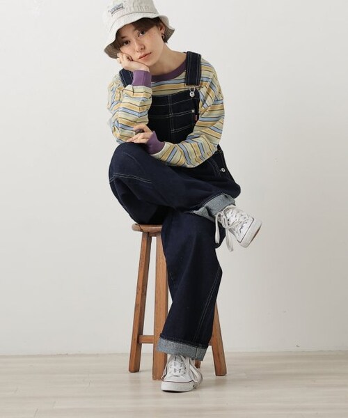 DOUBLE NAME（ダブルネーム）の「配色ステッチオーバーオール（オールインワン・サロペット・レディース・キナリ/ワンウォッシュ/オフ系・FREE）」の7枚目の写真