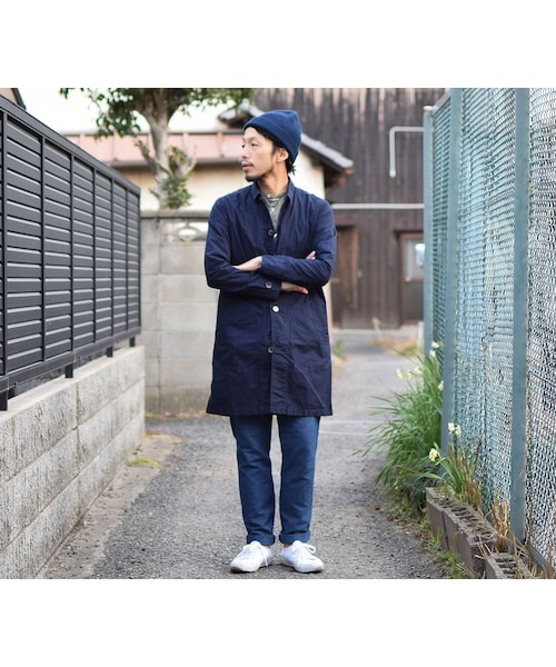 MANUAL ALPHABET(マニュアル アルファベット)の「MANUAL ALPHABET TYP SHT COAT NVY マニュアルアルファベット タイプライターシャツコート ネイビー【unisex】(ステンカラーコート・メンズ・その他)」の2枚目の写真