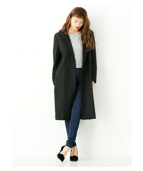 Re:EDIT(リエディ)の「ウールタッチメルトンシングルチェスターコート(ジャケット/アウター・レディース・ブラック/グレー/キャメル/バーガンディ/ブルー/ネイビー/モスグリーン/グレンチェックホワイト/グレンチェックグレー/ツイードミックス/ツイードブラック/チェックブルー/チェックグリーン・M/L)」の2枚目の写真