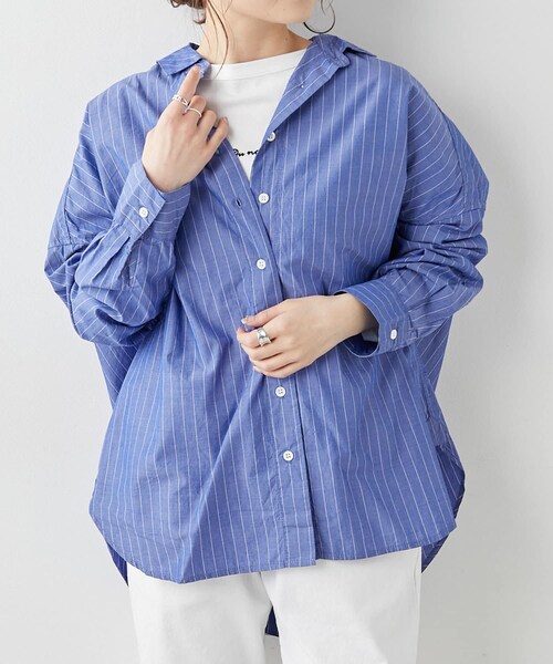 PUAL CE CIN（ピュアルセシン）の「綿テンセルストライプブラウス（シャツ/ブラウス・レディース・アイボリー/グレイッシュベージュ/ブルー・FREE）」の2枚目の写真