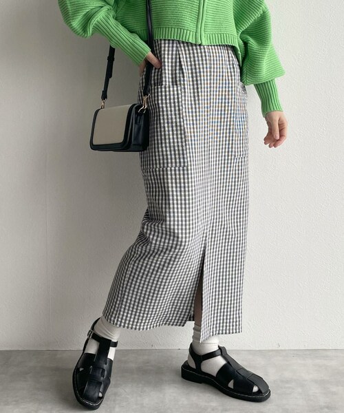 w closet（ダブルクローゼット）の「★先行予約★ギンガムチェックポケット付きペンシルスカート【3月中旬入荷】（スカート・レディース・グリーン/コーラルピンク/オフ/クロ・FREE）」の3枚目の写真