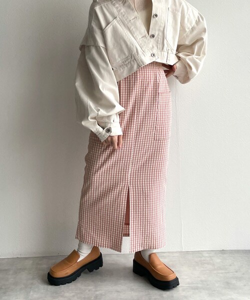 w closet（ダブルクローゼット）の「★先行予約★ギンガムチェックポケット付きペンシルスカート【3月中旬入荷】（スカート・レディース・グリーン/コーラルピンク/オフ/クロ・FREE）」の13枚目の写真