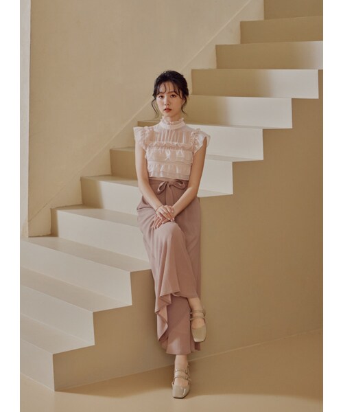 Marjorie（マージョリー）の「迴游，透膚荷葉造型異材質拼接連身褲（パンツ・レディース・粉/淺藍・XS/S/M/L）」の3枚目の写真