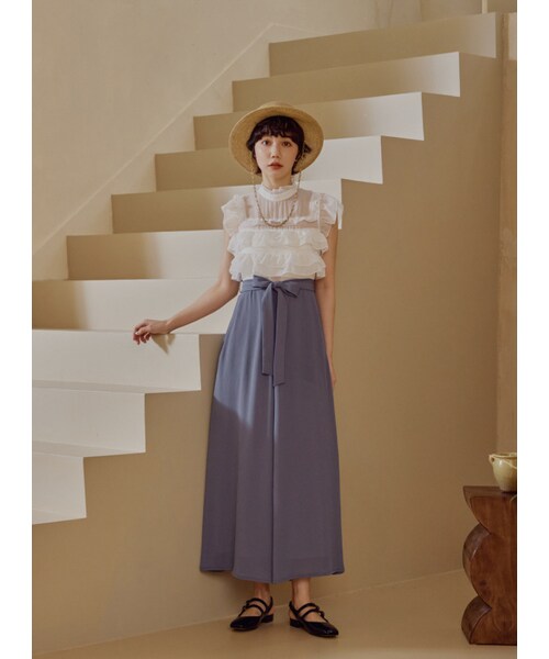 Marjorie（マージョリー）の「迴游，透膚荷葉造型異材質拼接連身褲（パンツ・レディース・粉/淺藍・XS/S/M/L）」の14枚目の写真