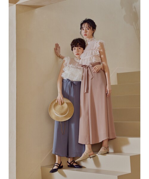 Marjorie（マージョリー）の「迴游，透膚荷葉造型異材質拼接連身褲（パンツ・レディース・粉/淺藍・XS/S/M/L）」の11枚目の写真