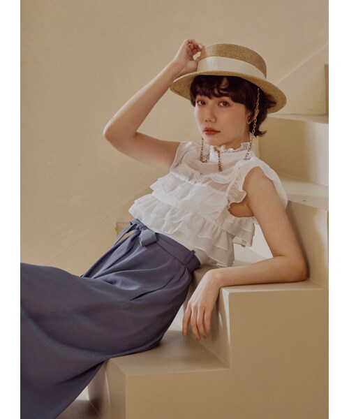 Marjorie（マージョリー）の「迴游，透膚荷葉造型異材質拼接連身褲（パンツ・レディース・粉/淺藍・XS/S/M/L）」の13枚目の写真