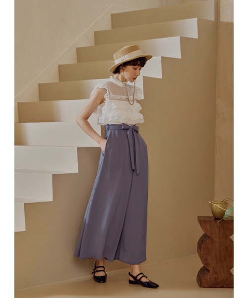 Marjorie（マージョリー）の「迴游，透膚荷葉造型異材質拼接連身褲（パンツ・レディース・粉/淺藍・XS/S/M/L）」の12枚目の写真