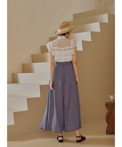 Marjorie（マージョリー）の「迴游，透膚荷葉造型異材質拼接連身褲（パンツ・レディース・粉/淺藍・XS/S/M/L）」の16枚目の写真