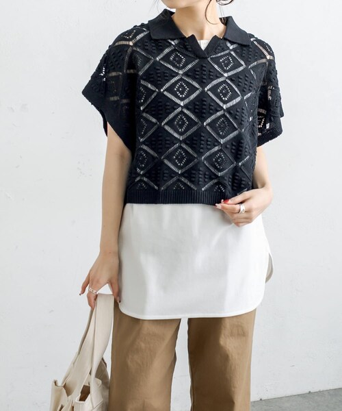 PUAL CE CIN（ピュアルセシン）の「すかし編みベスト（ニット/セーター・レディース・アイボリー/ベージュ/ブラック・FREE）」の2枚目の写真