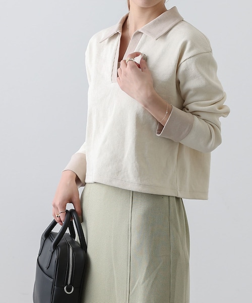 COLONY 2139(コロニートゥーワンスリーナイン)の「リブクロップド丈スキッパーPO(Tシャツ/カットソー・レディース・アイボリー/グリーン/ブラック・F)」の1枚目の写真