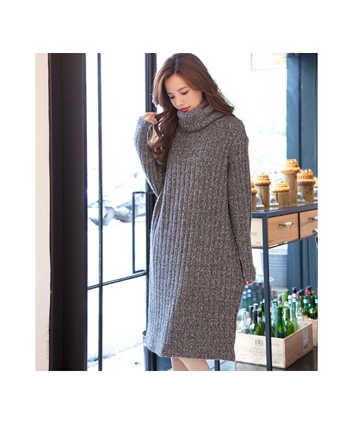 gracegift（グレースギフト）の「暖氛美人 韓國混色翻領針織長洋裝（ワンピース/ドレス・レディース・灰・F）」の2枚目の写真