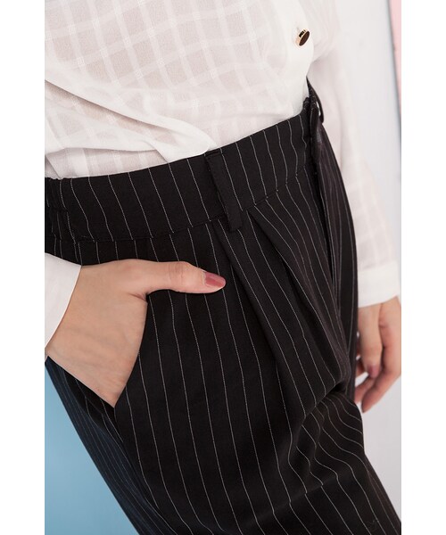 ORENDA(オレンダ)の「英倫風格直條紋鬆緊老爺褲(パンツ・レディース・灰/黑・S/M/L)」の15枚目の写真