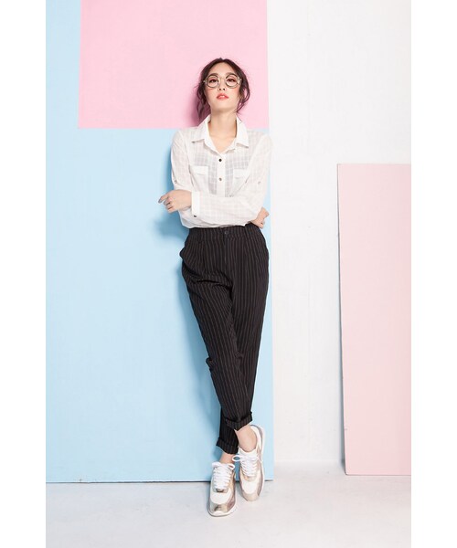 ORENDA(オレンダ)の「英倫風格直條紋鬆緊老爺褲(パンツ・レディース・灰/黑・S/M/L)」の11枚目の写真