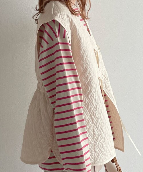 w closet(ダブルクローゼット)の「★先行予約★前リボンVネックキルティングベスト【4月上旬入荷】(ジャケット/アウター・レディース・アイボリー/ピンク/イエロー・FREE)」の13枚目の写真