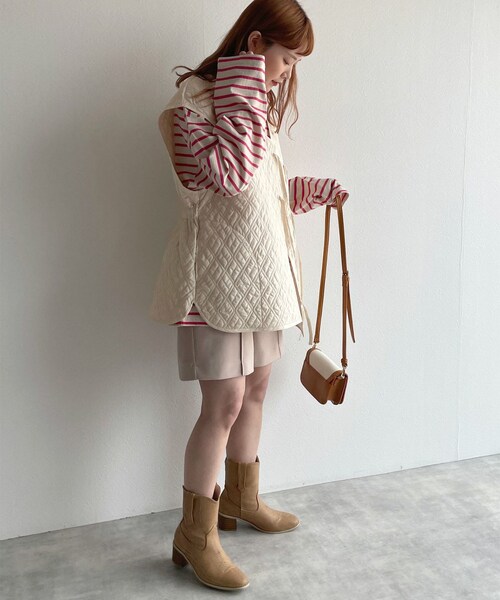 w closet(ダブルクローゼット)の「★先行予約★前リボンVネックキルティングベスト【4月上旬入荷】(ジャケット/アウター・レディース・アイボリー/ピンク/イエロー・FREE)」の6枚目の写真