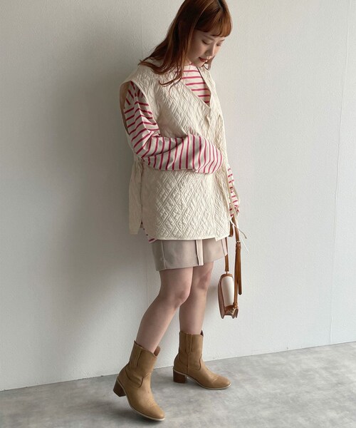 w closet(ダブルクローゼット)の「★先行予約★前リボンVネックキルティングベスト【4月上旬入荷】(ジャケット/アウター・レディース・アイボリー/ピンク/イエロー・FREE)」の5枚目の写真
