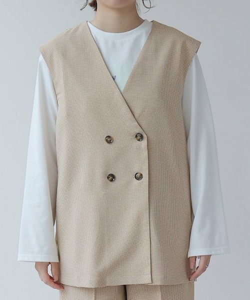 frames RAY CASSIN（フレームスレイカズン）の「ダブル釦ノーカラージレ セットアップ着用可（ジャケット/アウター・レディース・クロ/ベージュ/イエロー系/グリーン系・FREE）」の9枚目の写真