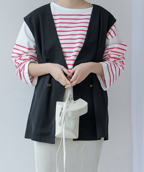 frames RAY CASSIN（フレームスレイカズン）の「ダブル釦ノーカラージレ セットアップ着用可（ジャケット/アウター・レディース・クロ/ベージュ/イエロー系/グリーン系・FREE）」の18枚目の写真