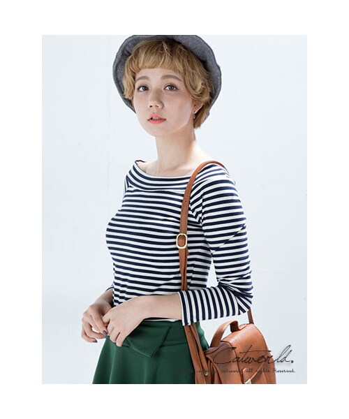catworld（キャットワールド）の「一字領條紋棉T（その他・レディース・黑/軍綠/深藍・M/L/XL）」の3枚目の写真